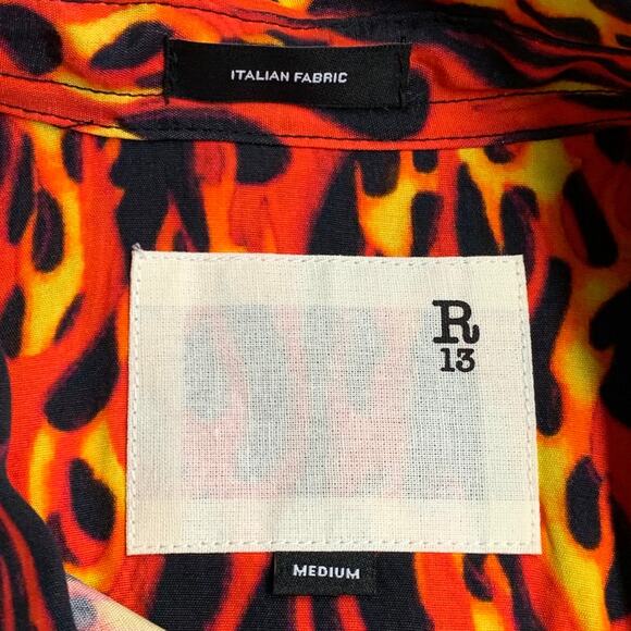 R13 SS20 Size M Orange Yellow Black Flames Viscose One Pocket Short Sleeve Shirt - Picture 5 of 8